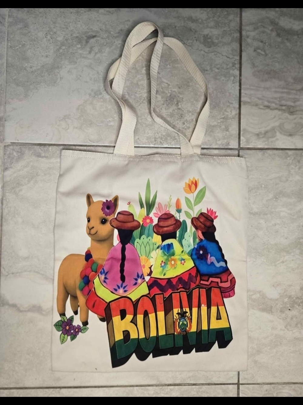 Bolivia Floral Alpaca Print Canvas Tote Bag - Cream